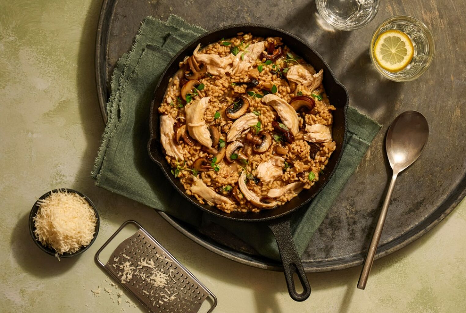 Leftover Chicken, Mushroom and Thyme Risotto