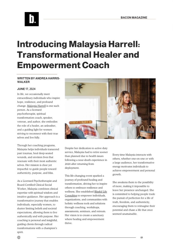 Introducing Malaysia Harrell: Transformational Healer and Empowerment Coach article - Bacon Magazine 