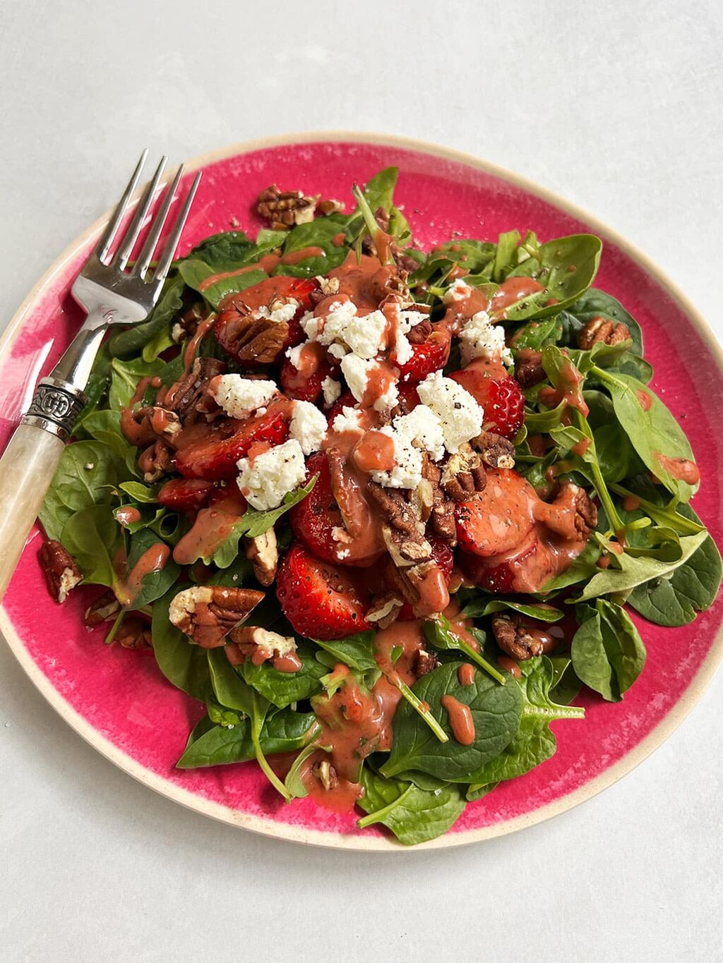 Goat Cheese Salad with Spinach, Strawberries, Pecans, and Balsamic Dressing