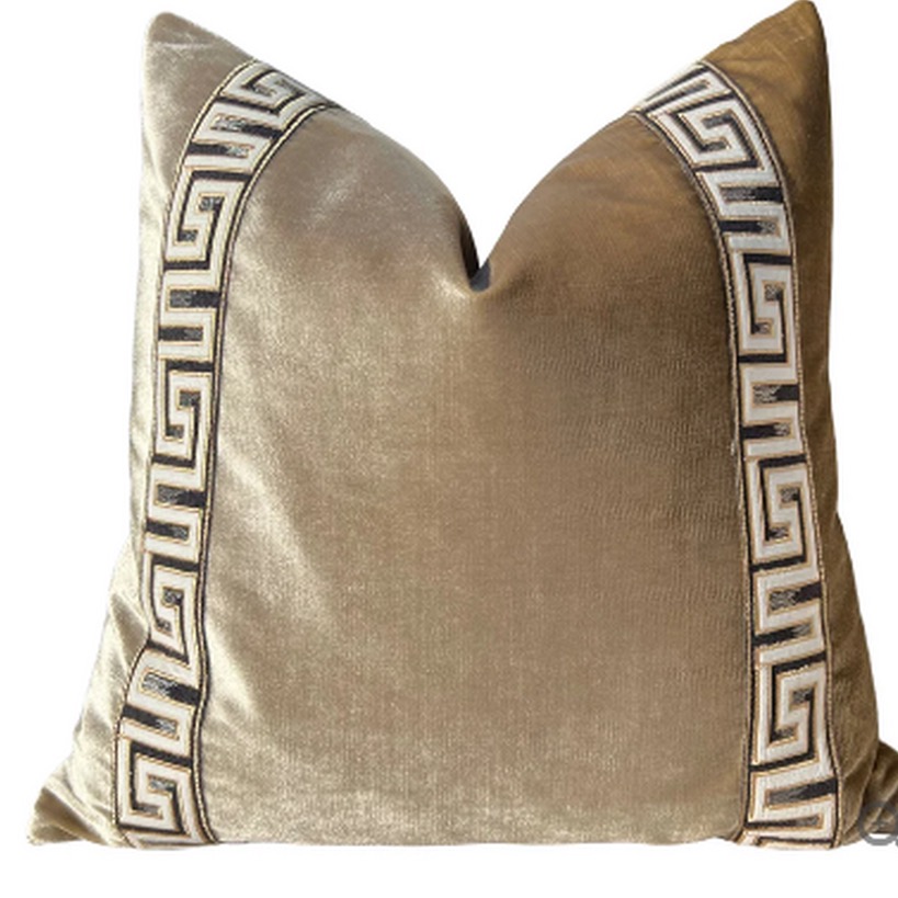 Tan velvet Greek key pillow
