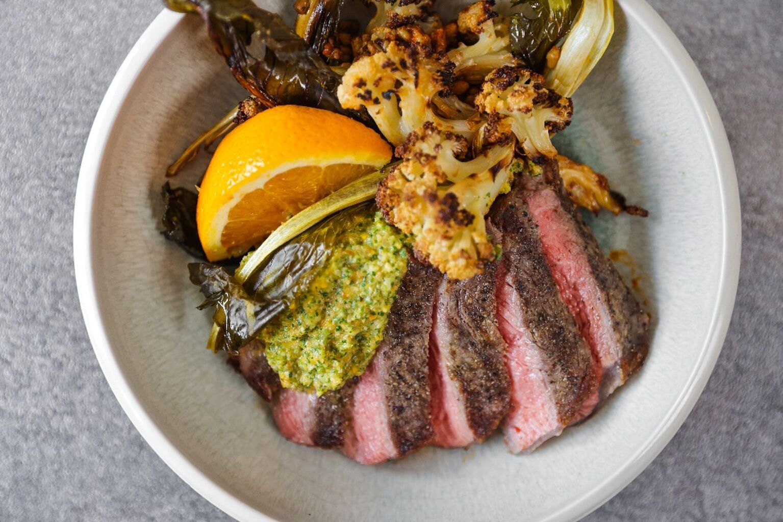 Roasted Cauliflower with BBQ Steak and Cuban Salsa