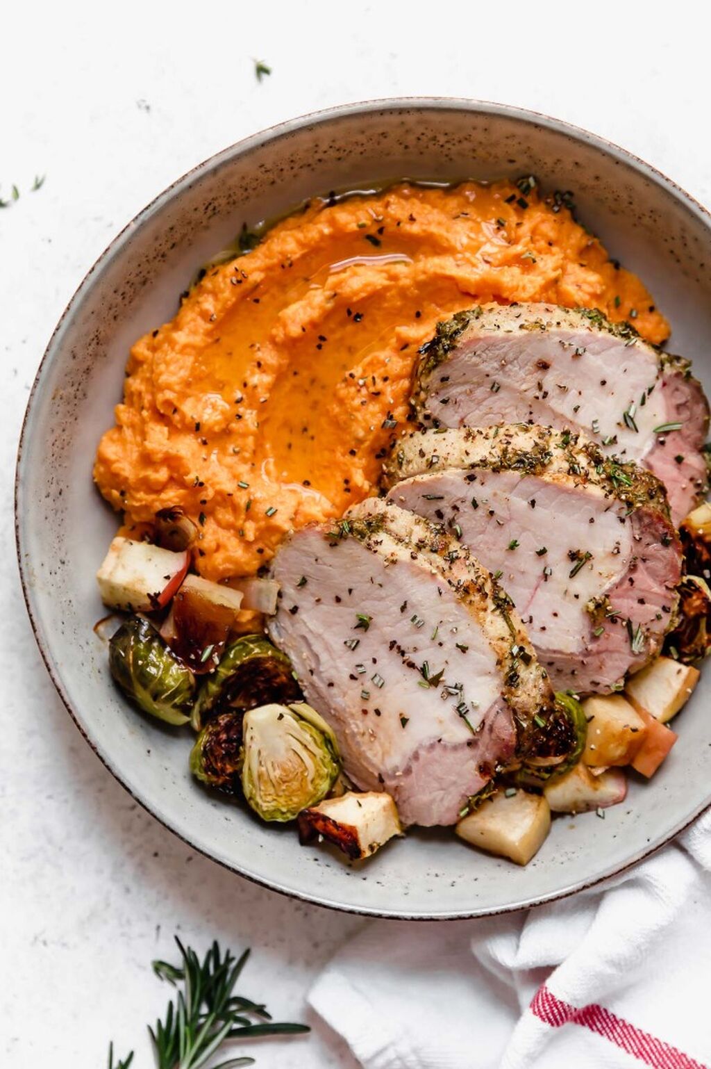 One Pan Pork Loin with Brussels and Apples