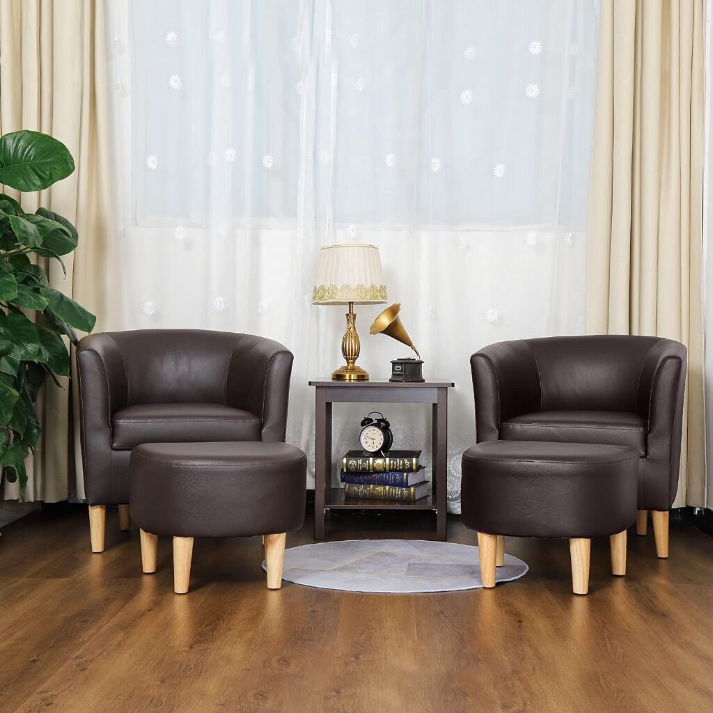 Set of 2 Brown Club Chairs with Ottomans
