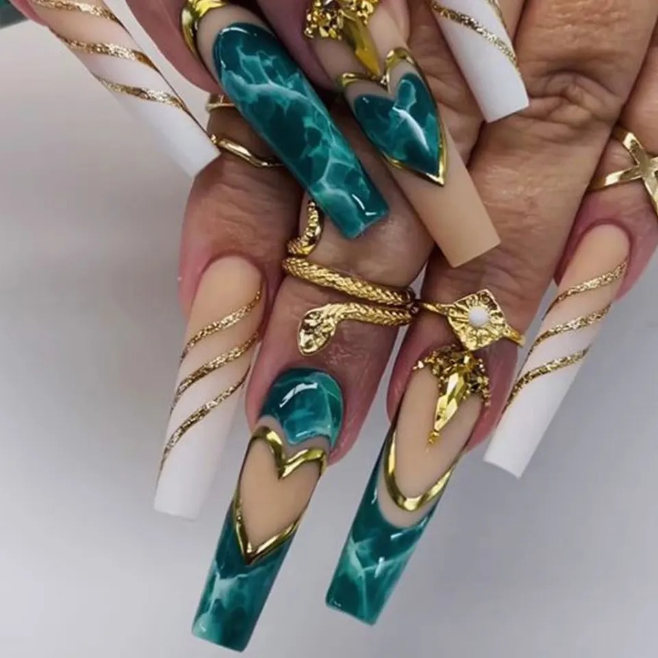 Green Marble Long Press Nails