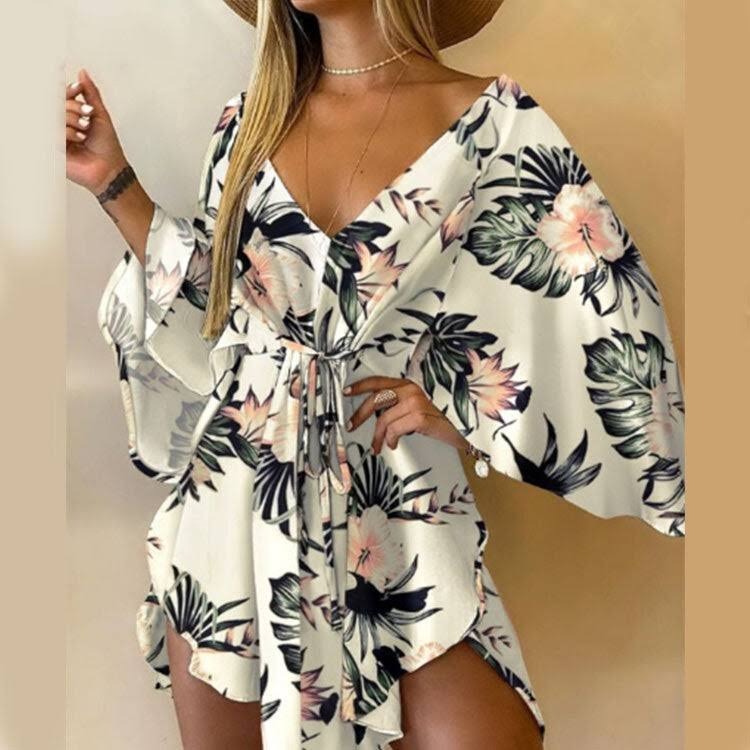 Tie Off Long Blouse - White with Tea Flowers