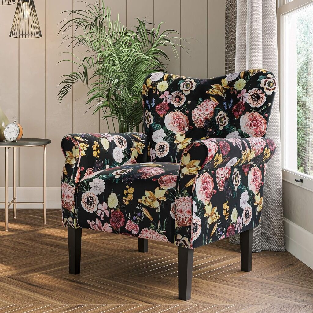 Black Floral Print Accent Chair