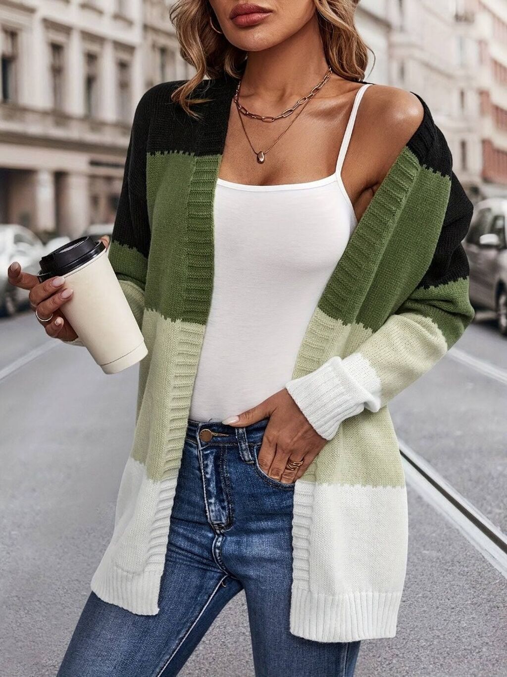 Casual Cardigan - Green Striped Sizes S-XL