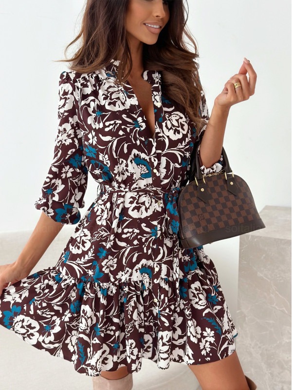 Brown Floral Mid Length Dress