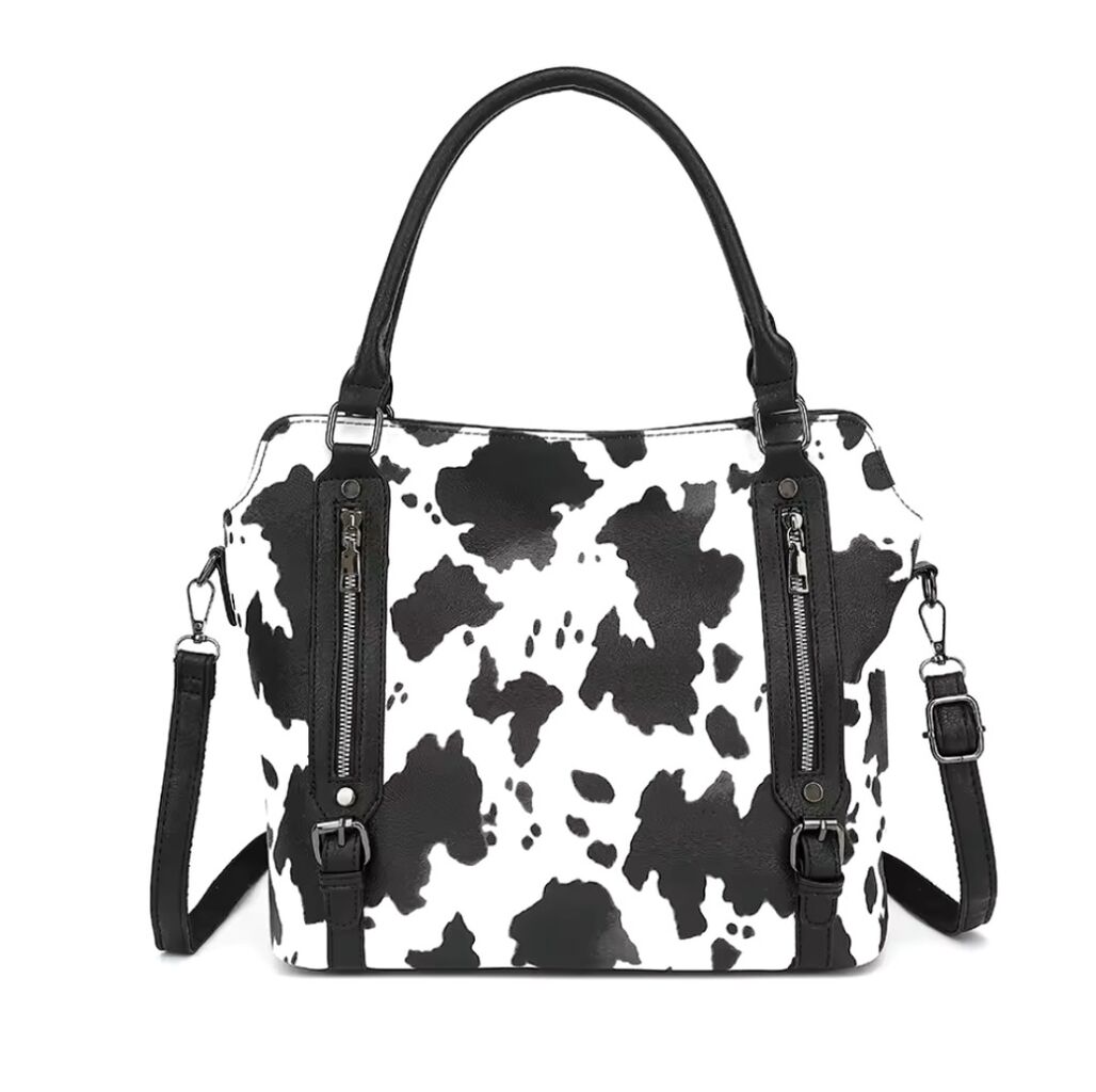 Cow Print Handbag - Black and White with Zipper Exterior