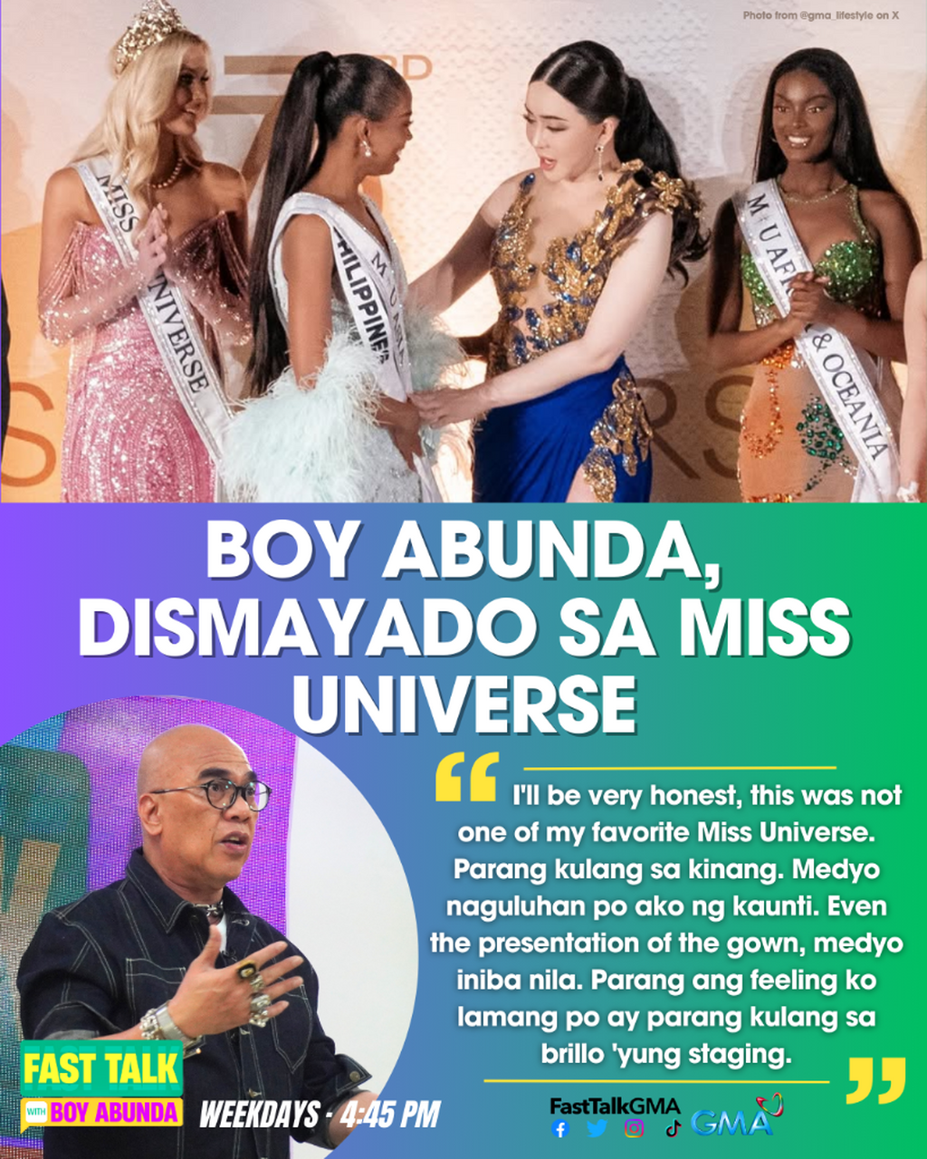 BOY ABUNDA, DISMAYADO SA MISS UNIVERSE