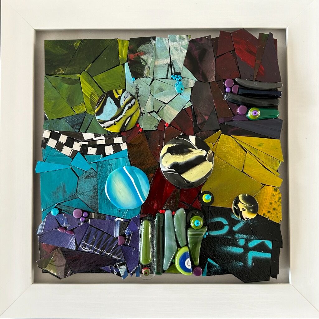 Portfolio 20 x 20 Abstract mosaic in Glass or papermosaic and beads 