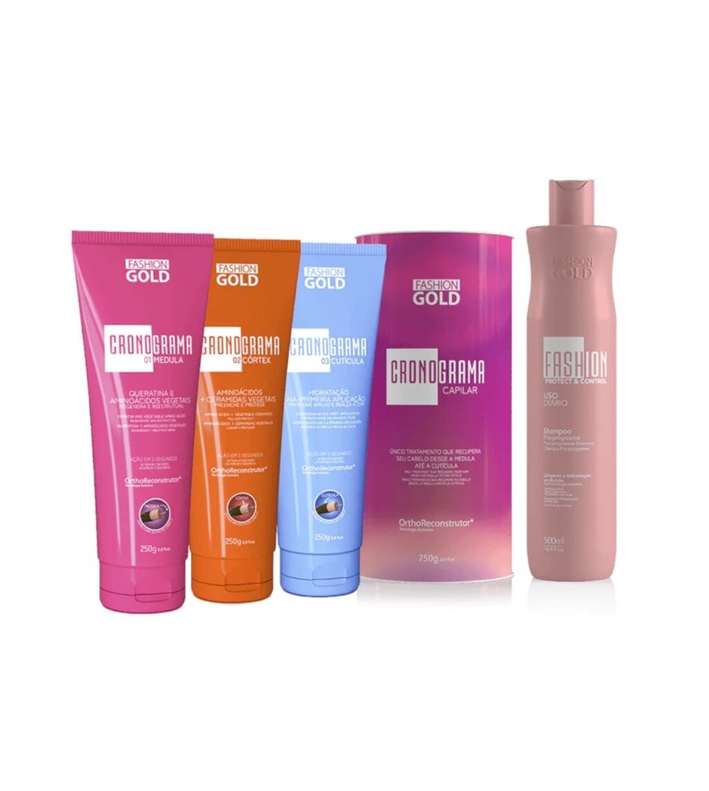 Kit new cronograma capilar + shampoo protect control 500 ml - fashion gold 