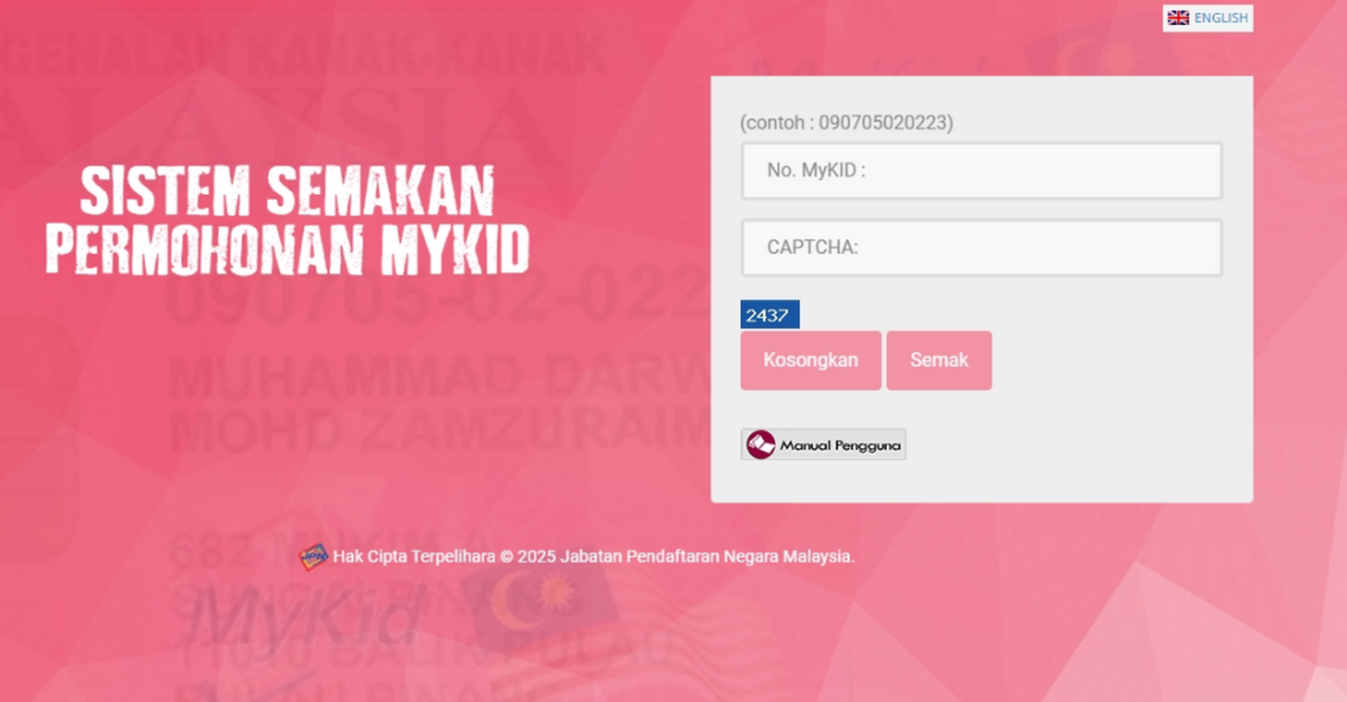 SEMAKAN STATUS PERMOHONAN MYKID