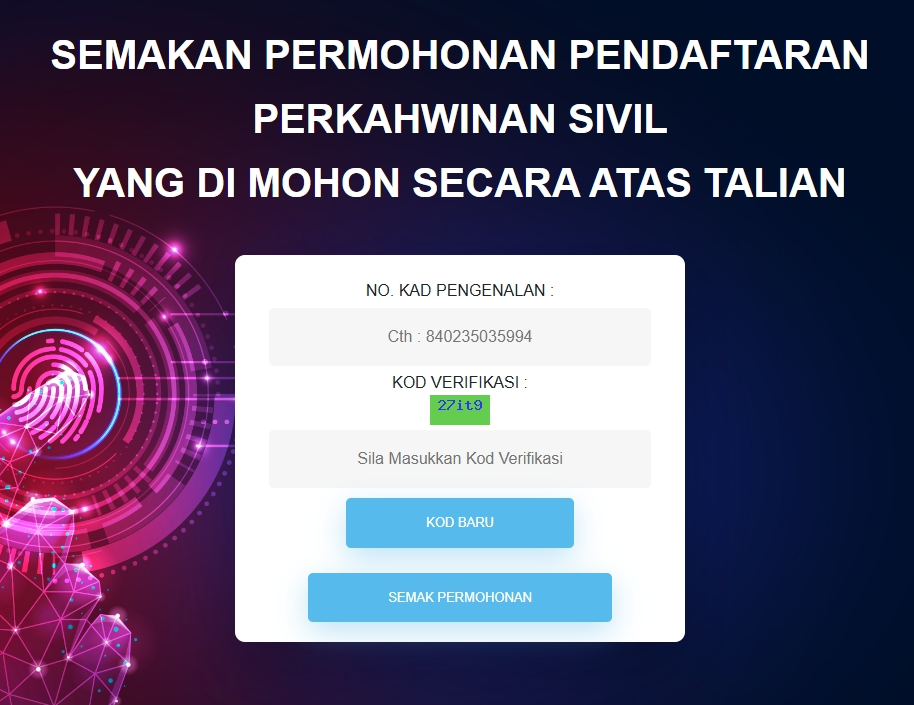 SEMAKAN PERMOHONAN PENDAFTARAN PERKAHWINAN SIVIL YANG DI MOHON SECARA ATAS TALIAN