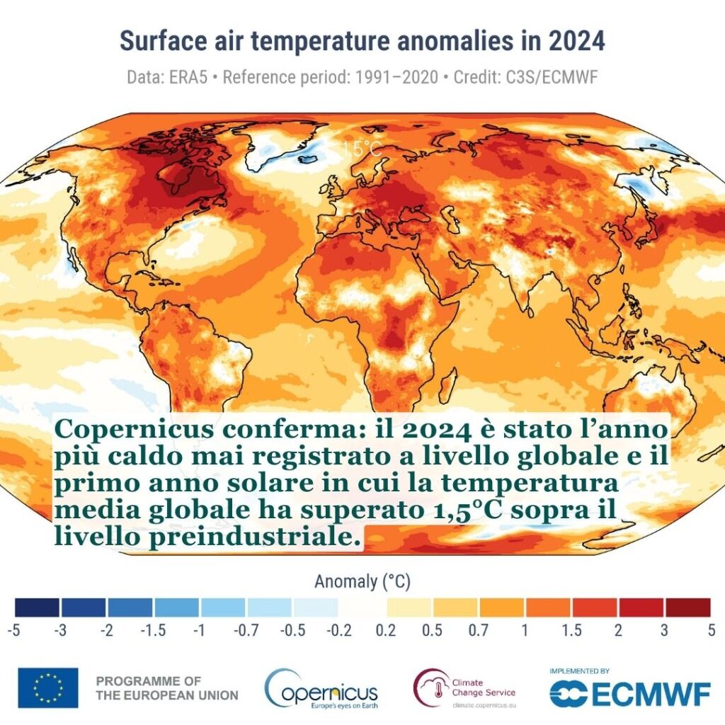 Copernicus: il 2024 &egrave; il primo anno a superare 1,5&deg;C rispetto al livello preindustriale. Siamo oltre la soglia limite