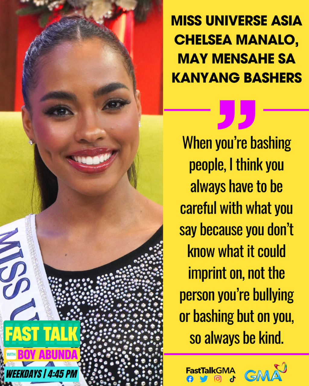 MISS UNIVERSE ASIA CHELSEA MANALO, MAY MENSAHE SA KANYANG BASHERS