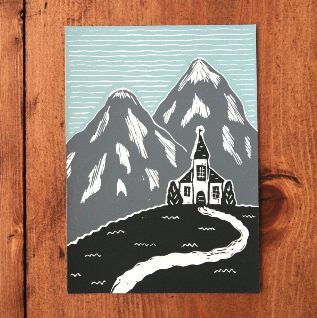 Alpine Church Linocut Print, 5x7”