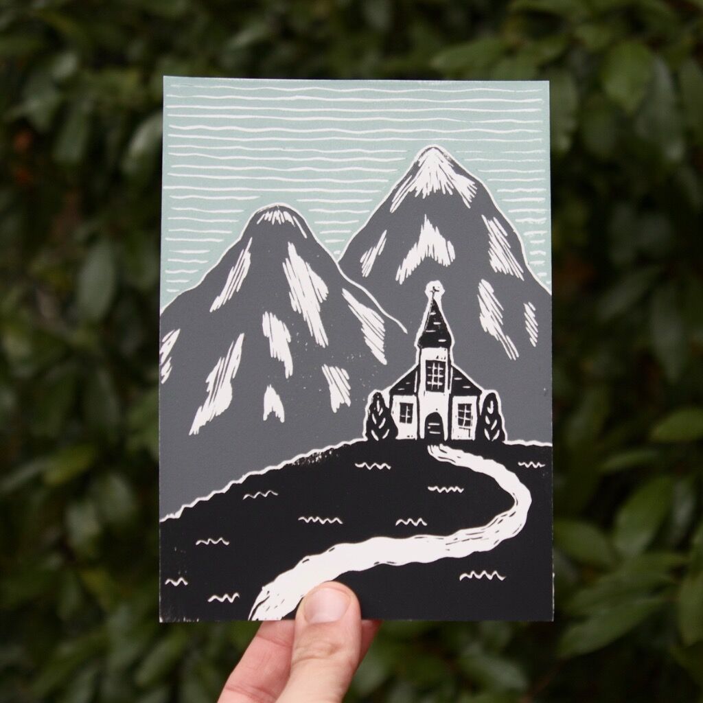 Alpine Church Linocut Print, 5x7&rdquo;