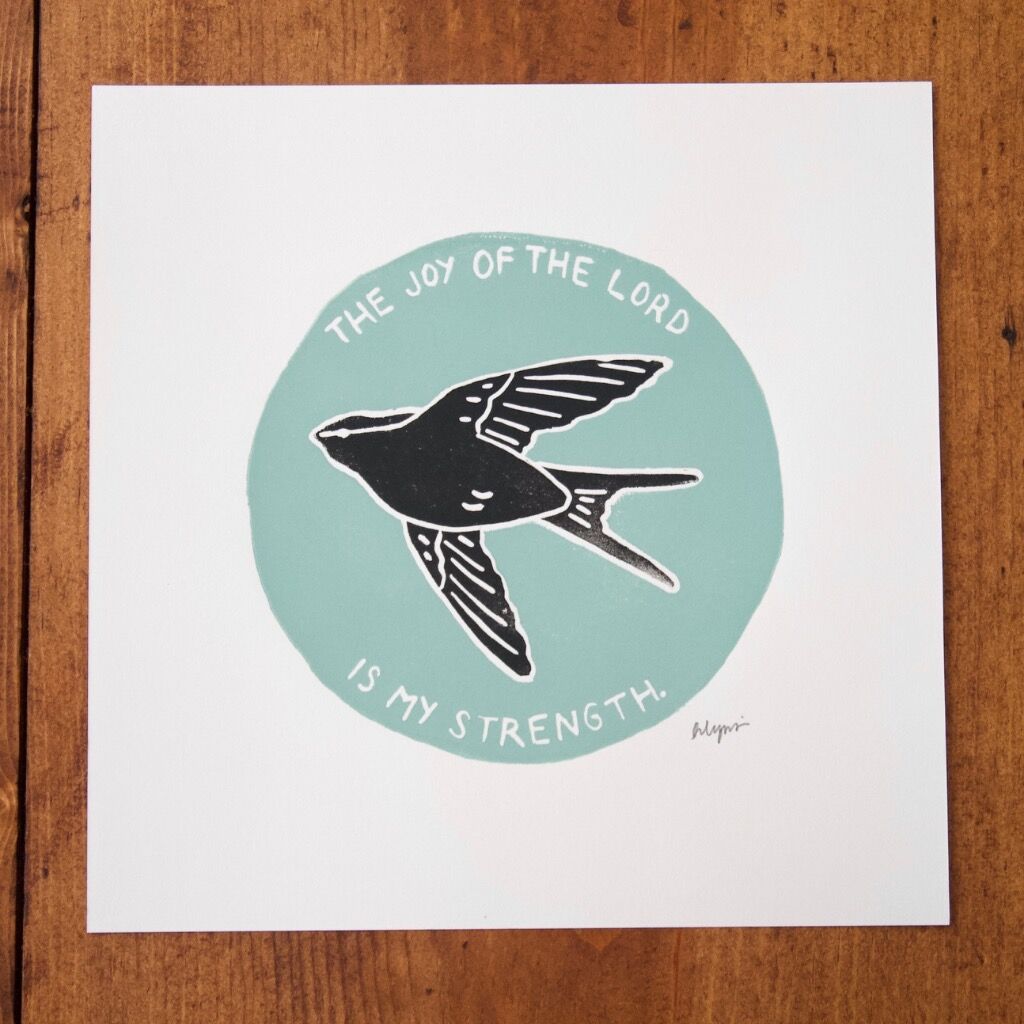 Joy of the Lord Swallow Linocut Print, 8x8”