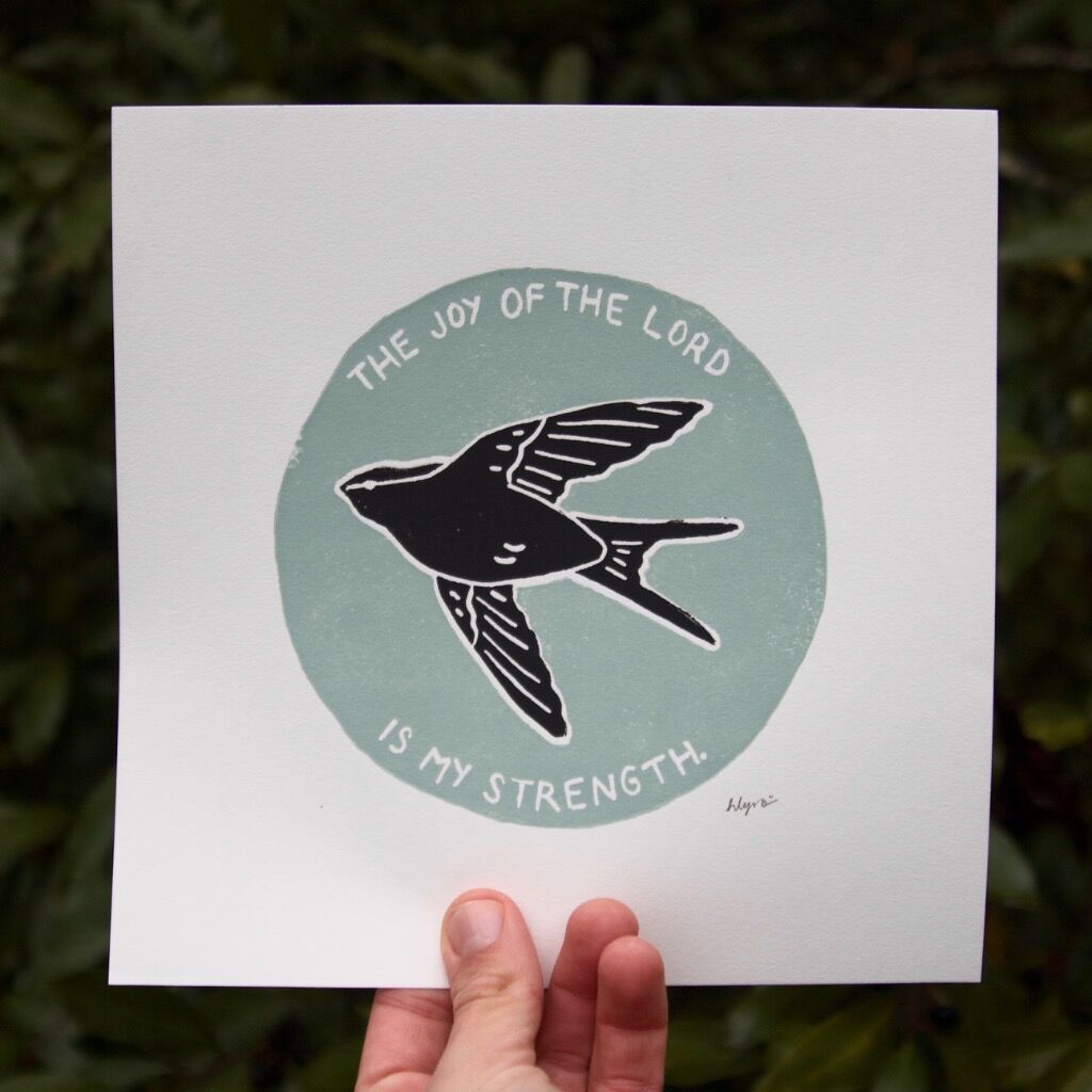 Joy of the Lord Swallow Linocut Print, 8x8&rdquo;
