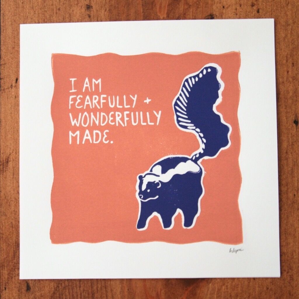 Fearfully and Wonderfully Made Skunk Linocut Print, 8x8”