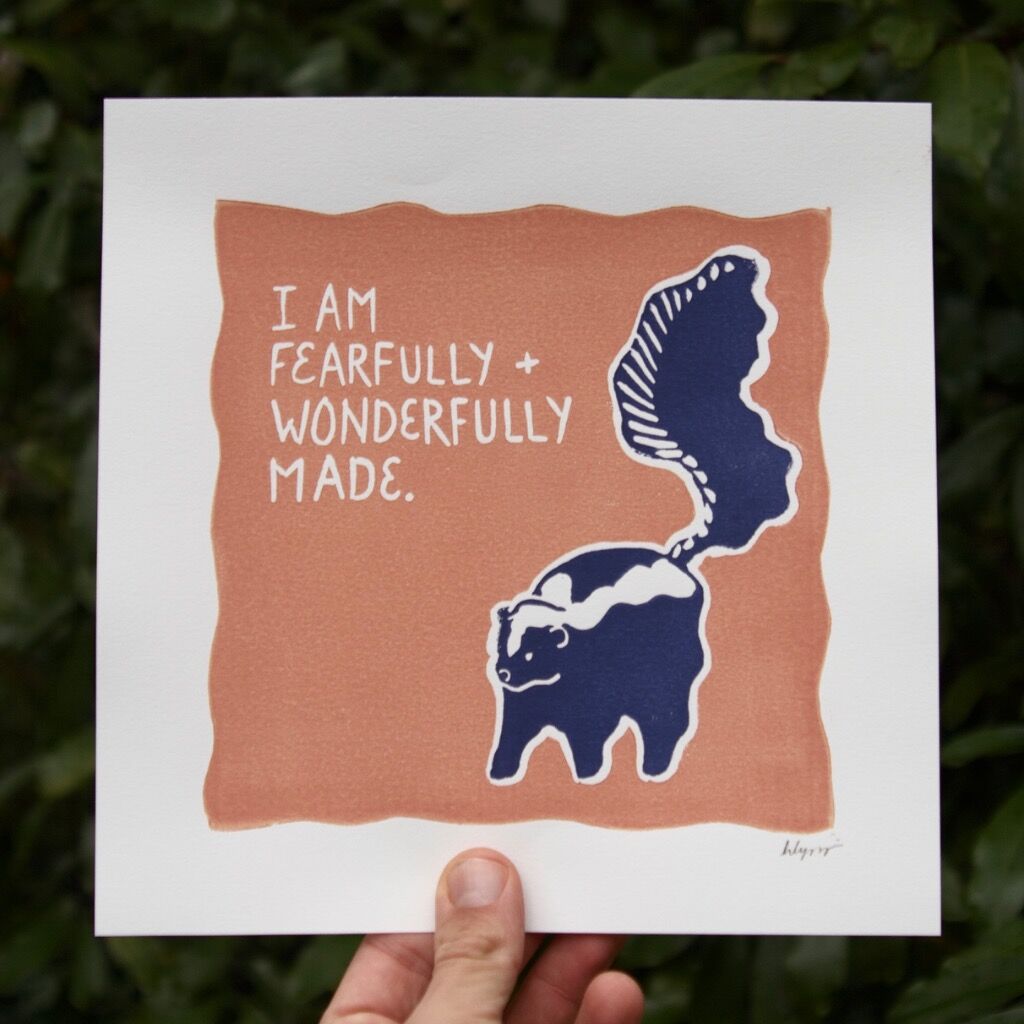 Fearfully and Wonderfully Made Skunk Linocut Print, 8x8&rdquo;