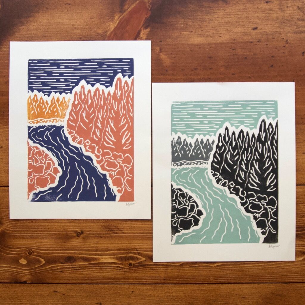 Riverbend Linocut Print, 8x10”