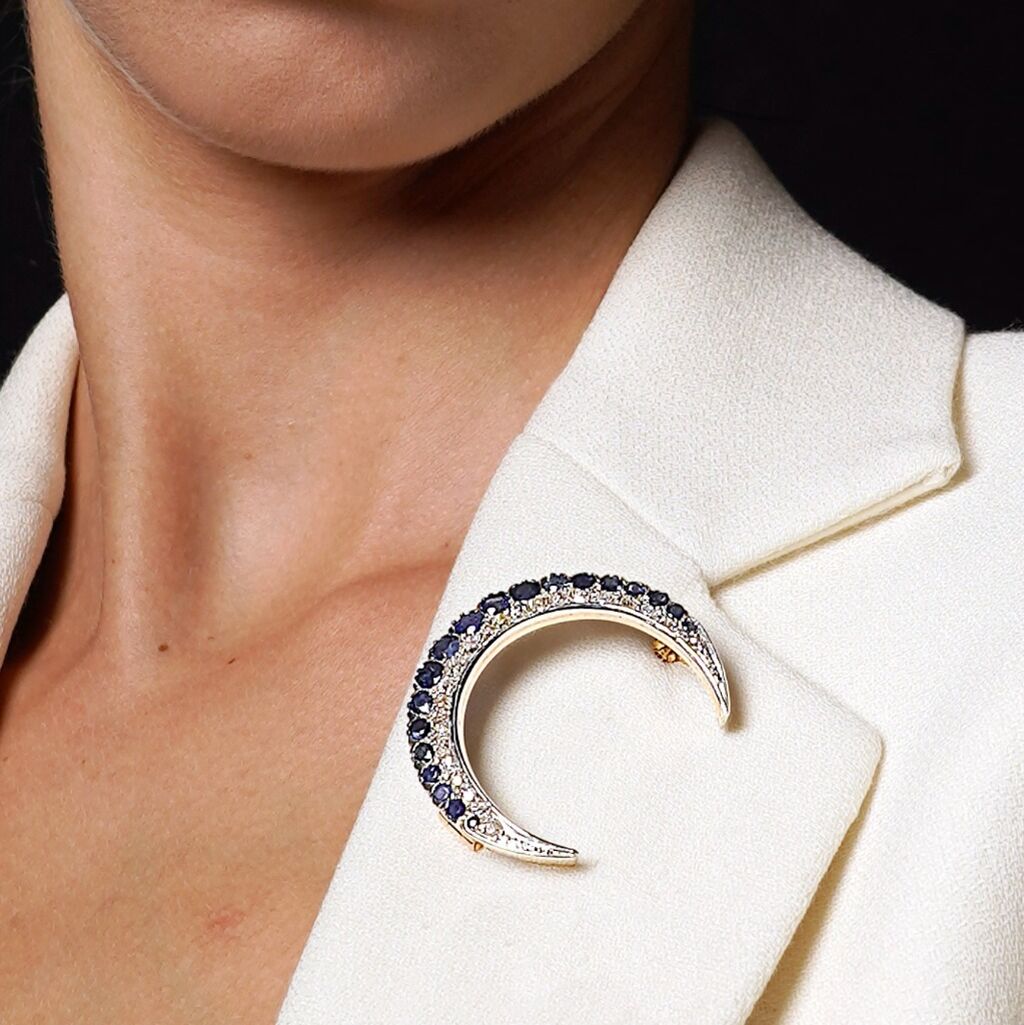 Antique Diamonds and Sapphires rose gold and silver &ldquo;Crescent&rdquo; Brooch​