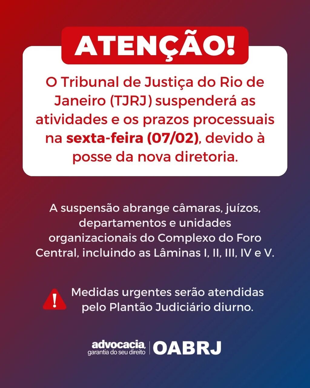 TJRJ suspende atividades na pr&oacute;xima sexta-feira, 7 de fevereiro