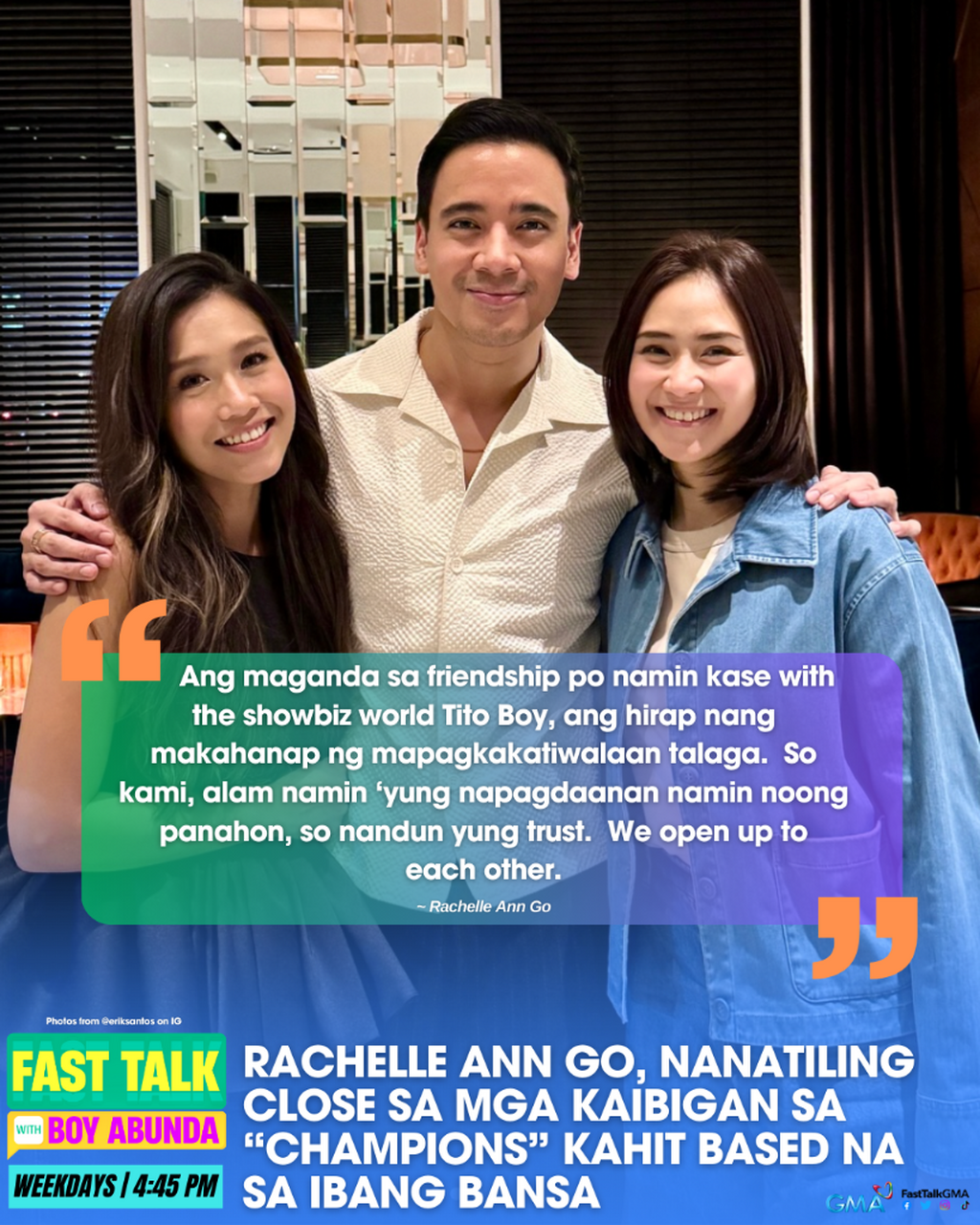 RACHELLE ANN GO, NANATILING CLOSE SA MGA KAIBIGAN SA ?CHAMPIONS? KAHIT BASED NA SA IBANG BANSA