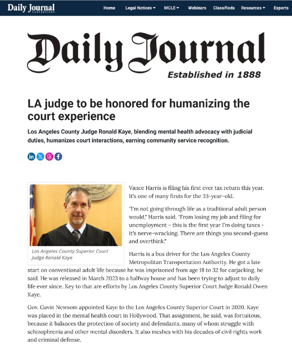 Daily Journal Ron Kaye Article