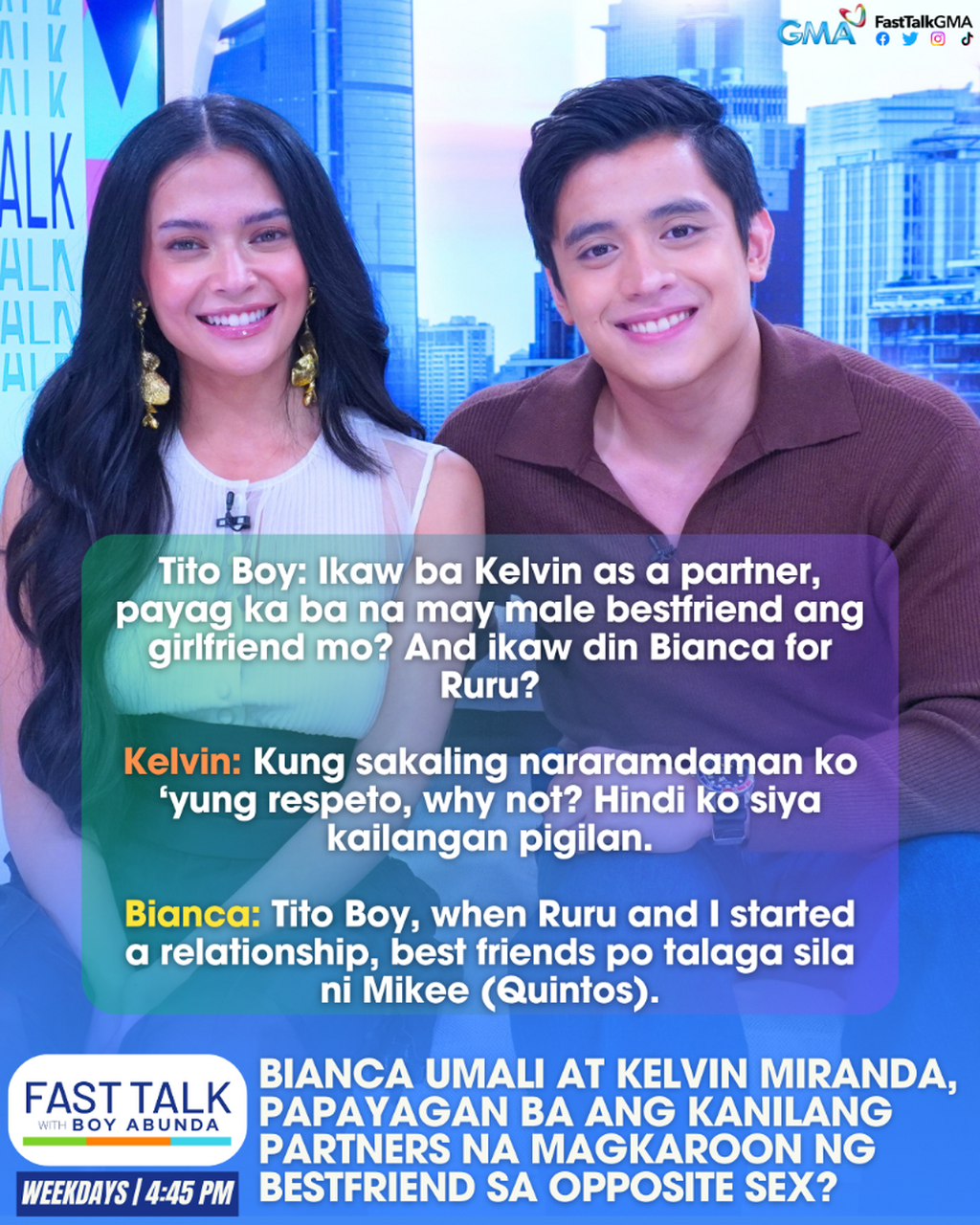 BIANCA UMALI AT KELVIN MIRANDA, PAPAYAGAN BA ANG KANILANG PARTNERS NA MAGKAROON NG BESTFRIEND SA OPPOSITE SEX?