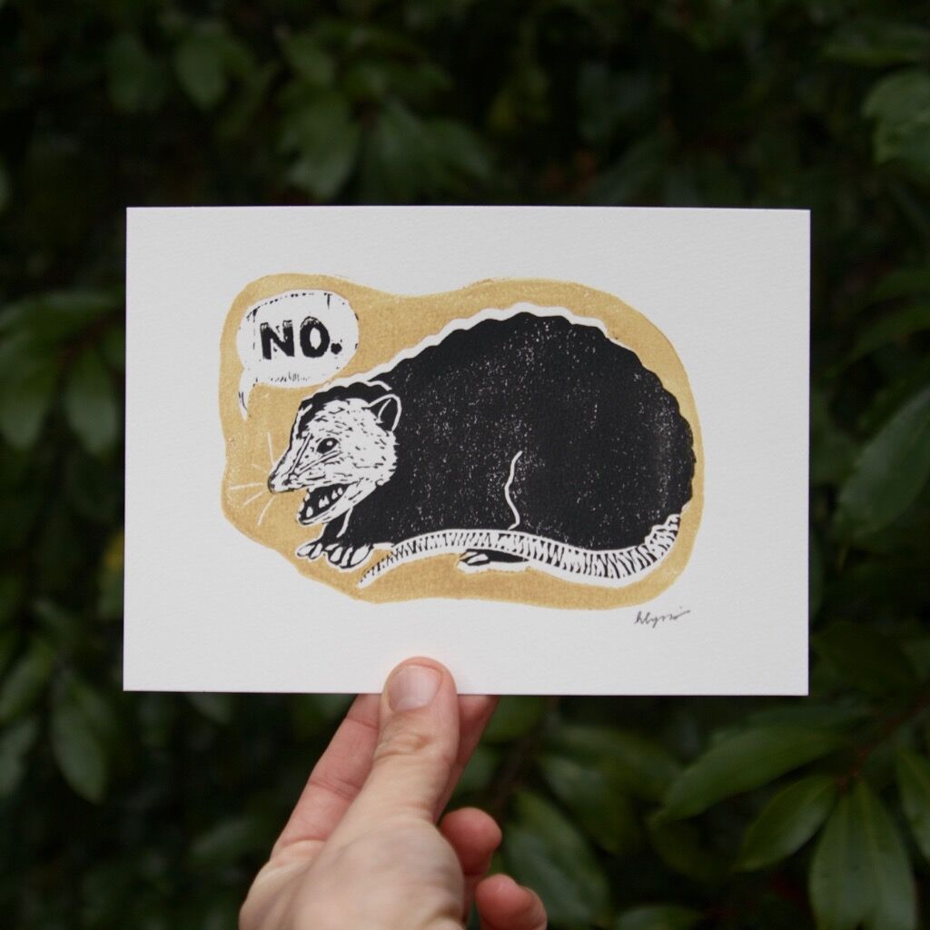 No-possum Linocut Print, 5x7&rdquo;