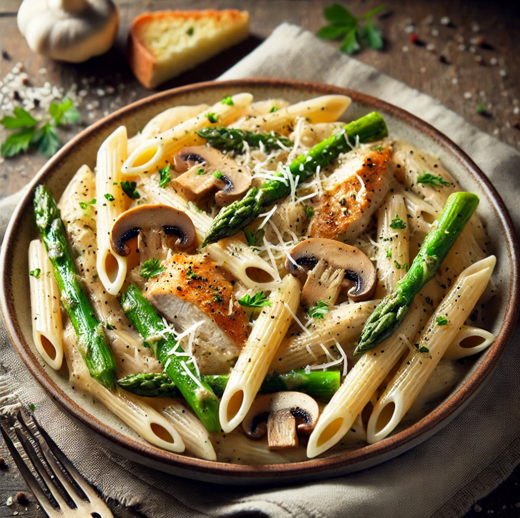 Creamy Mushroom and Asparagus Chicken Penne