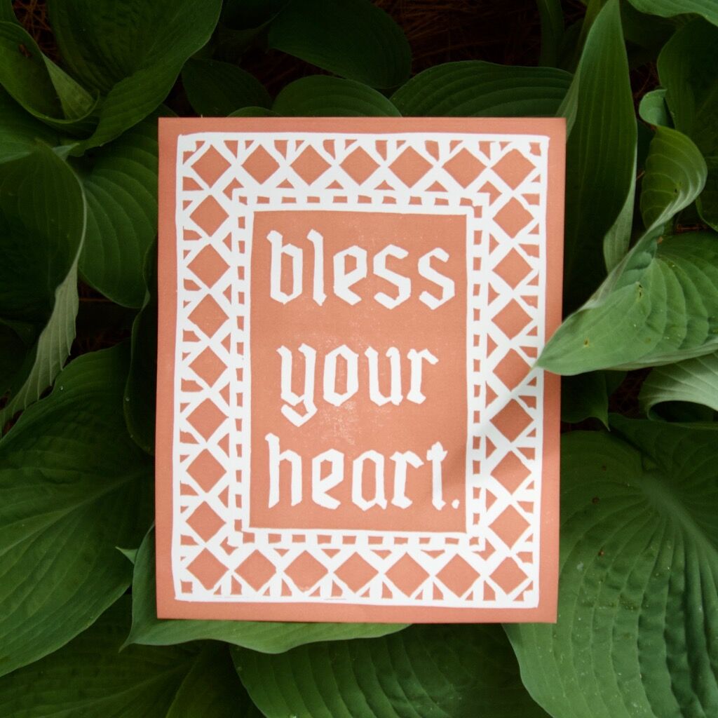 Bless Your Heart Linocut Print, 8x10”