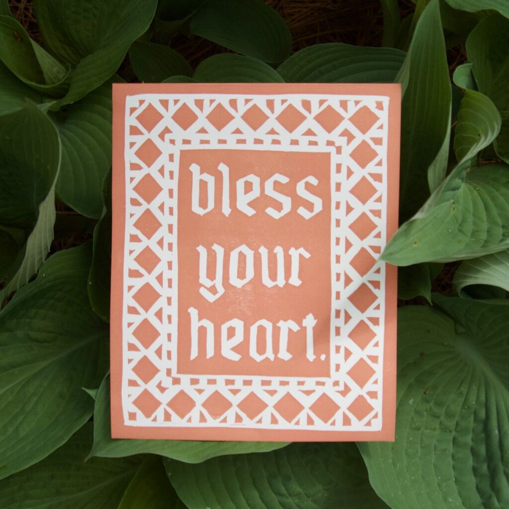 Bless Your Heart Linocut Print, 8x10&rdquo;