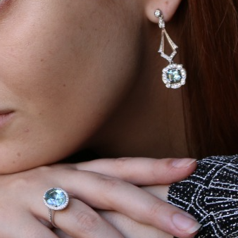 Art Deco Vintage Style Aquamarine Dress Ring & Earrings