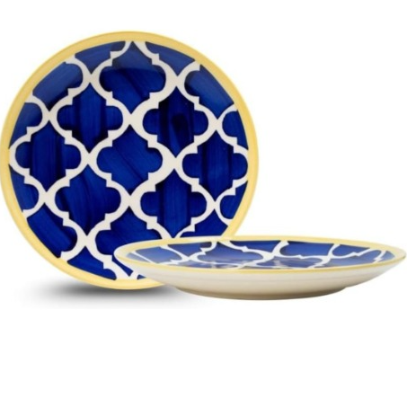 Blue and yellow hand-painted ceramic half plates 