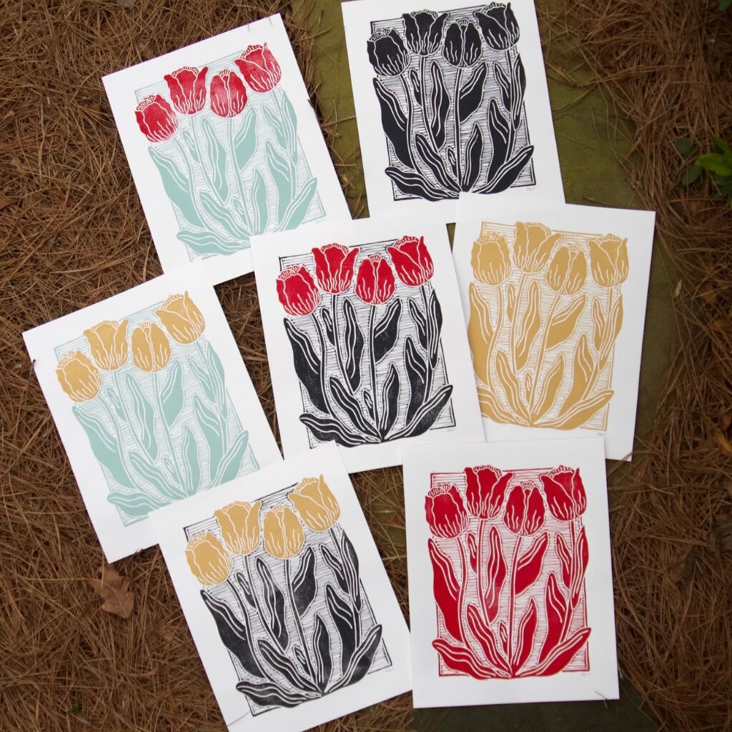 The First Tulips After Winter Linocut Print, 11x14”