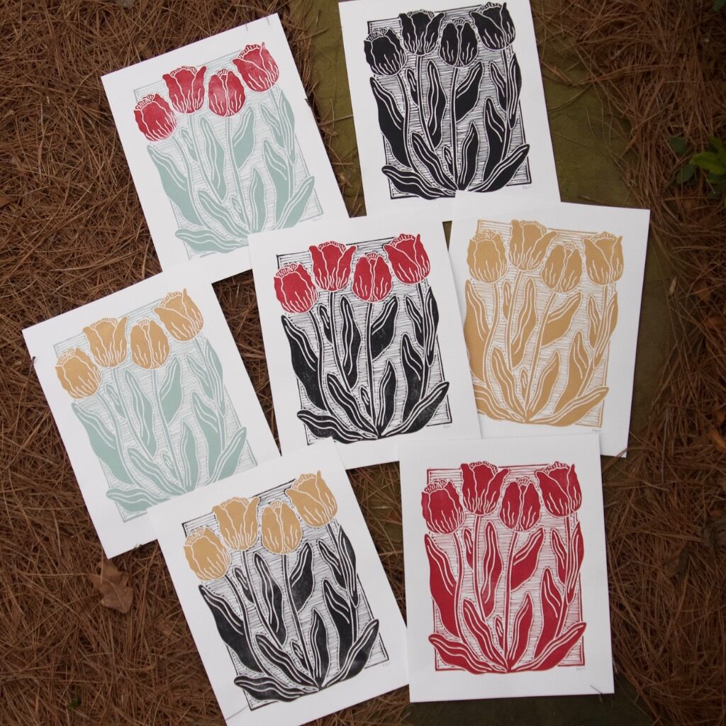 The First Tulips After Winter Linocut Print, 11x14&rdquo;