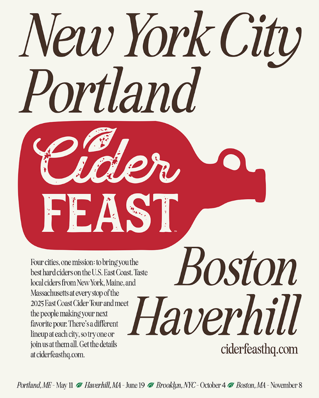 CiderFeast 2025 East Coast Tour- Portland 5/11, Haverhill MA 6/19, Brooklyn 10/4, Boston 11/8