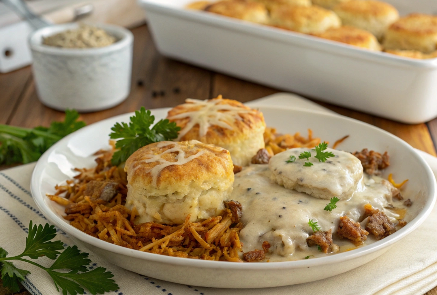 Biscuits & Gravy Hashbrown Casserole
