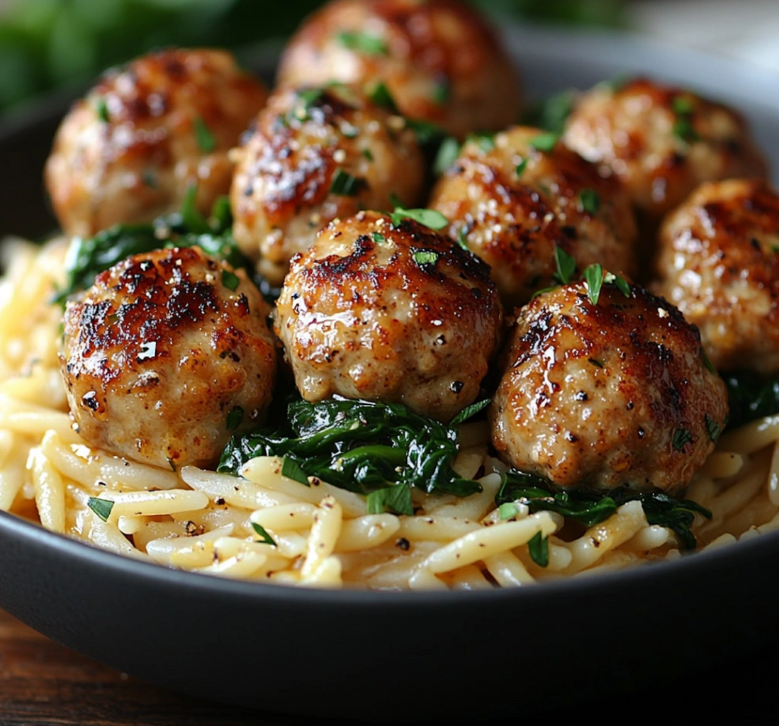 Chicken Ricotta Meatballs & Garlic Spinach Orzo
