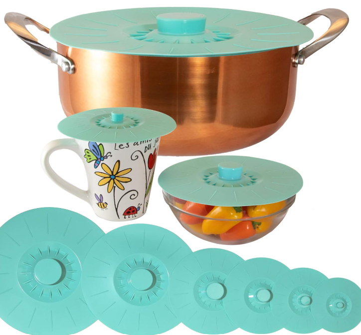 Silicone Lids Extra Large Teal Set of 6 Sturdy Suction Seal Covers.