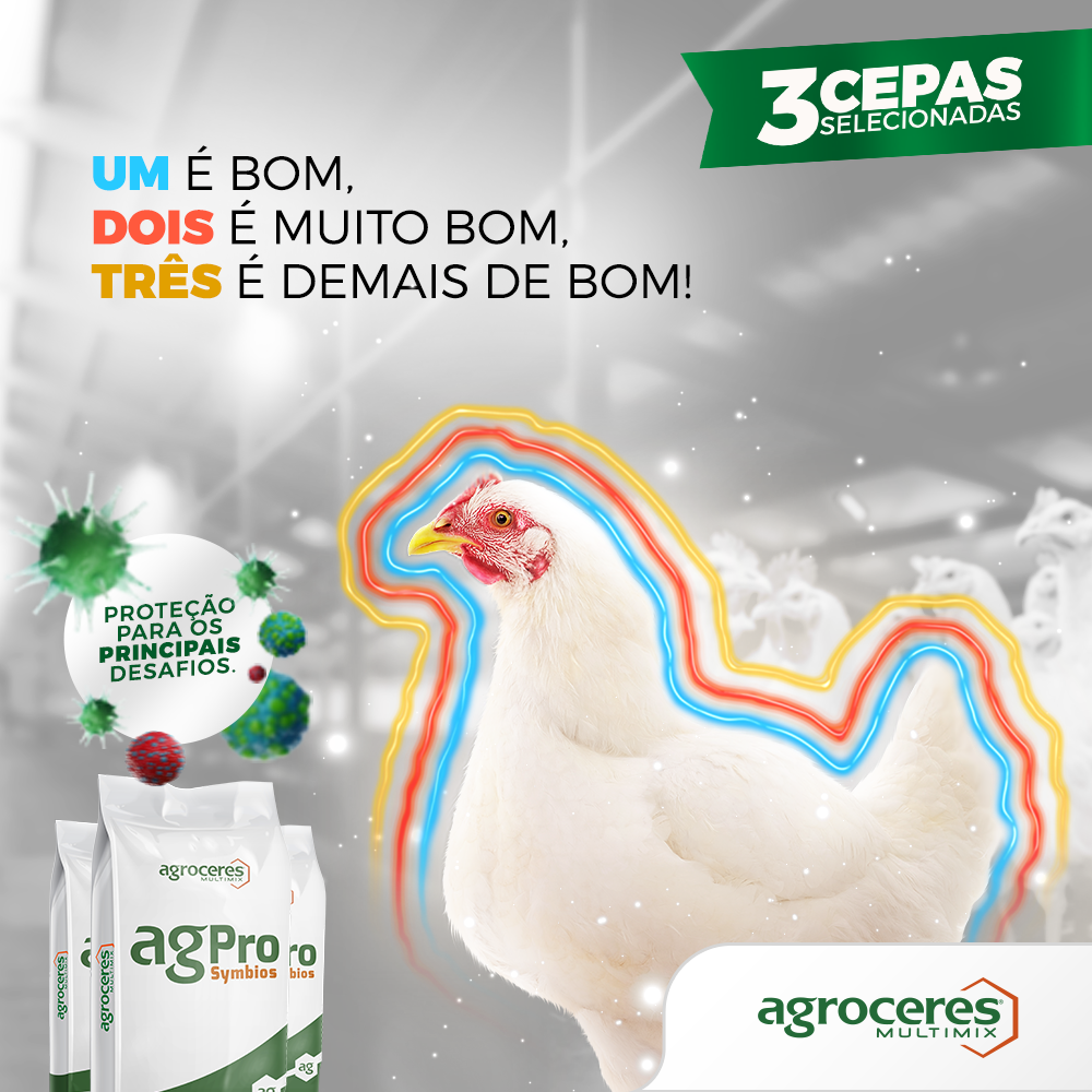 O agPro Symbios &eacute; o primeiro simbi&oacute;tico de amplo espectro com tr&ecirc;s cepas selecionadas para modular o ambiente intestinal das aves, proporcionando m&aacute;xima prote&ccedil;&atilde;o.