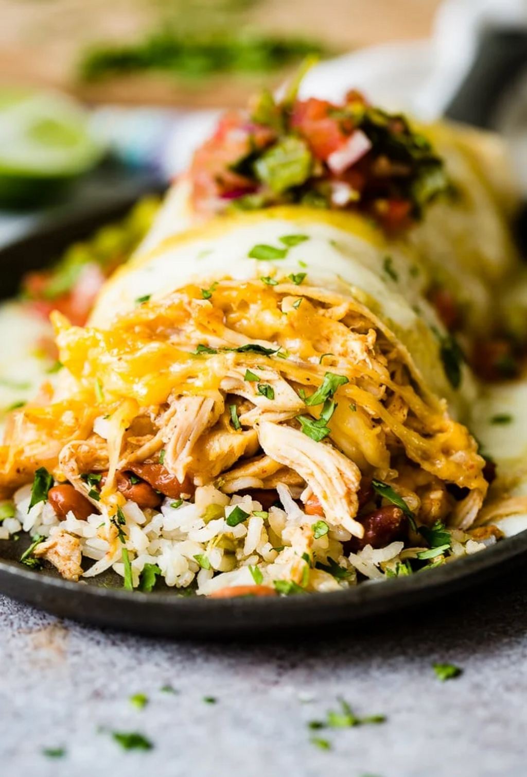 Smothered Honey Lime Chicken Burritos