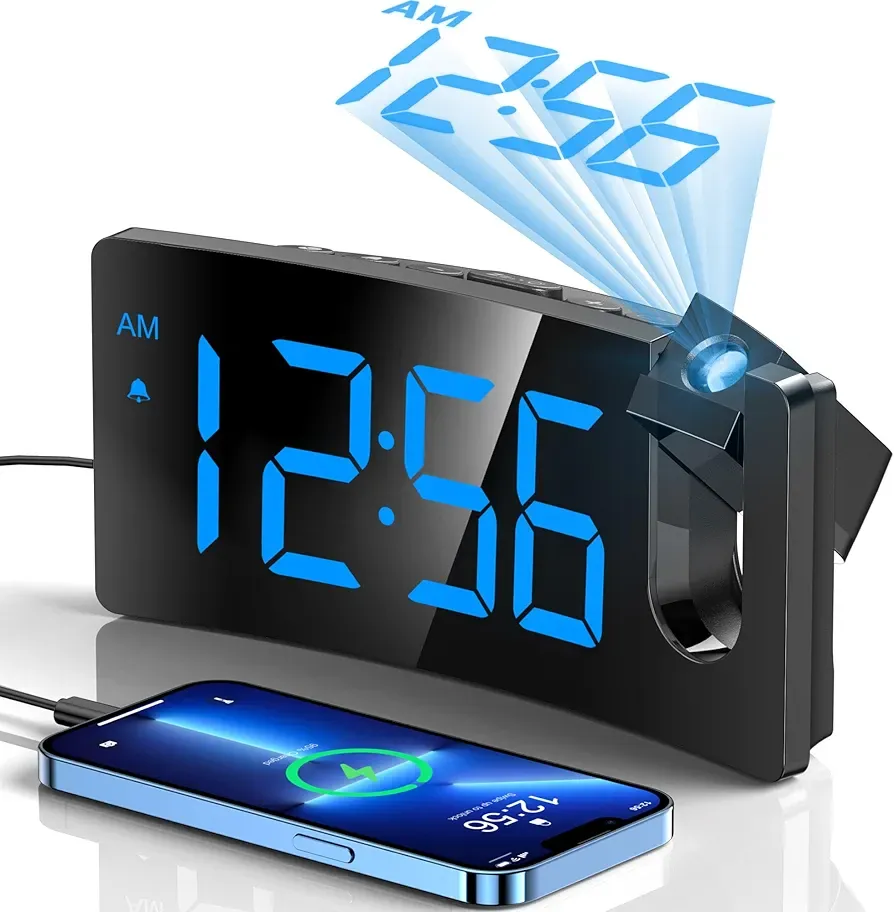 Projection Alarm Clock &ndash; 180&deg; Projector, Dimmer, USB, Snooze, for Bedroom
