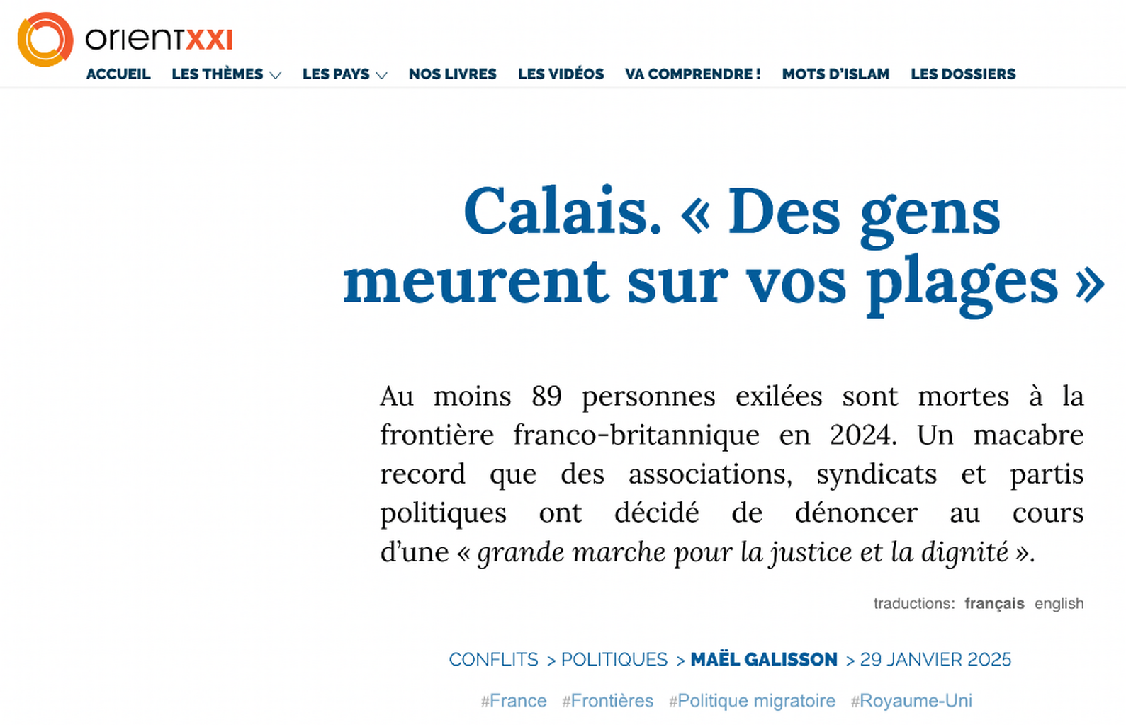 [Orient XXI]&nbsp;Calais. &laquo; Des gens meurent sur vos plages &raquo; 
