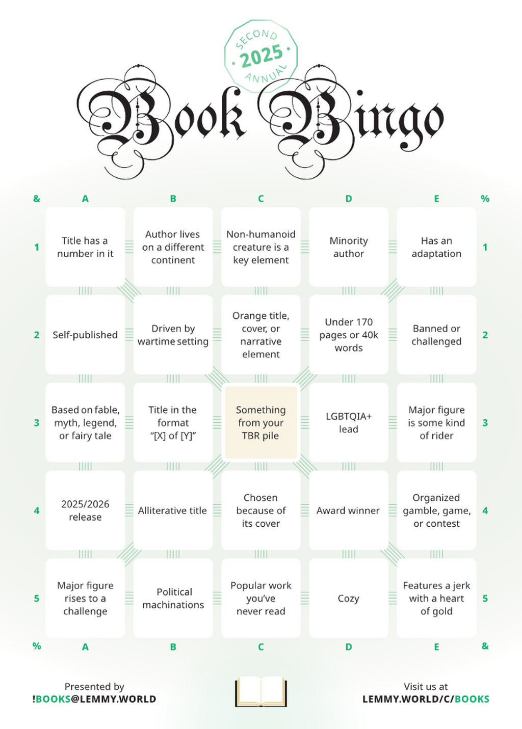 I organize an annual Book Bingo, come join us!