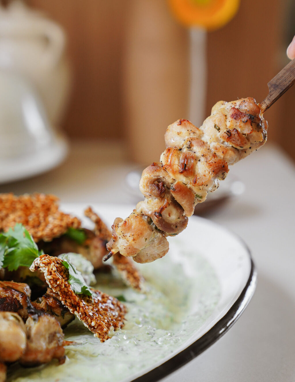 Milk Soaked Chicken Thigh Marinade with a Creamy Sauce & Crispy Sesame Crackers